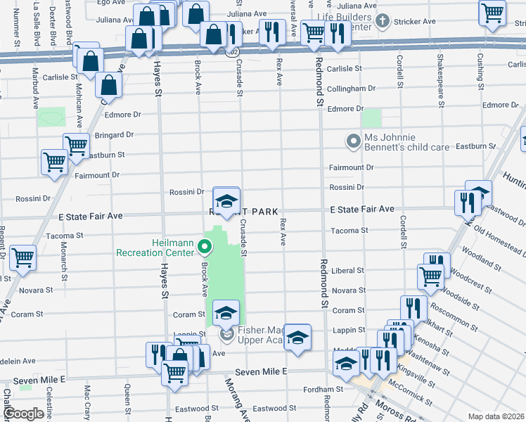 map of restaurants, bars, coffee shops, grocery stores, and more near 15695 East State Fair Avenue in Detroit