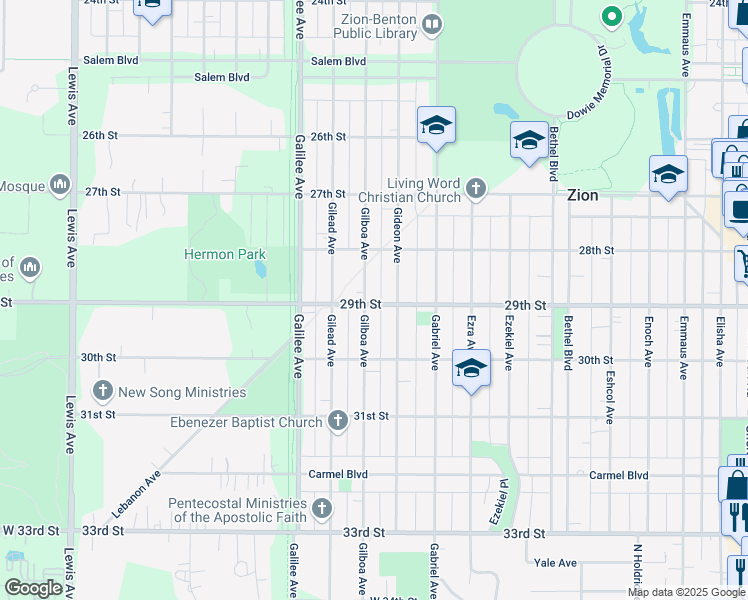 map of restaurants, bars, coffee shops, grocery stores, and more near 2900 Gideon Avenue in Zion