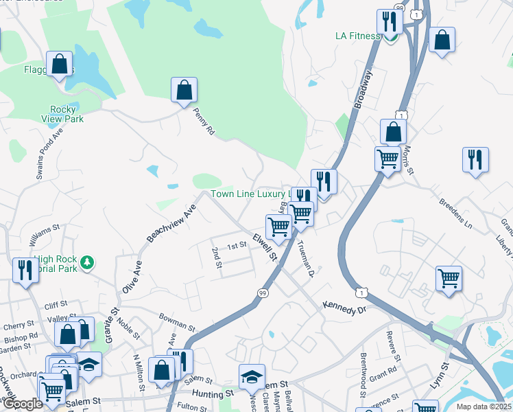 map of restaurants, bars, coffee shops, grocery stores, and more near 42 Loomis Street in Malden