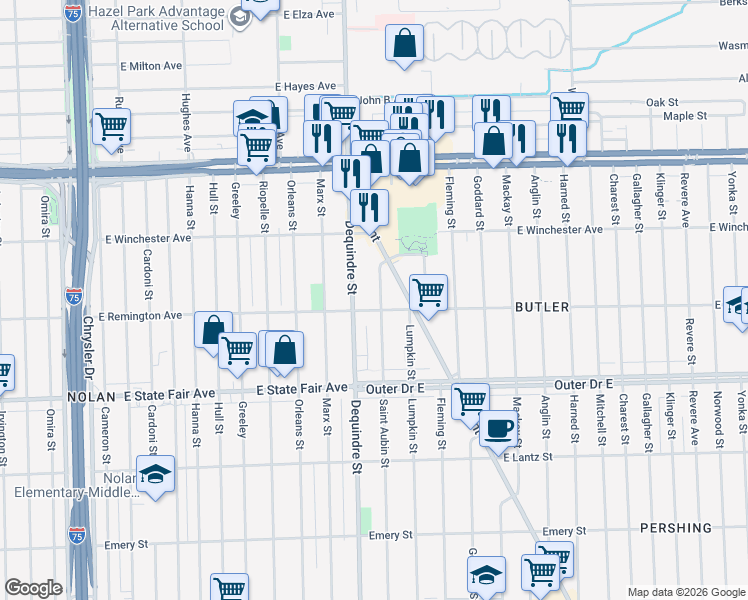 map of restaurants, bars, coffee shops, grocery stores, and more near 20119 Saint Aubin Street in Detroit