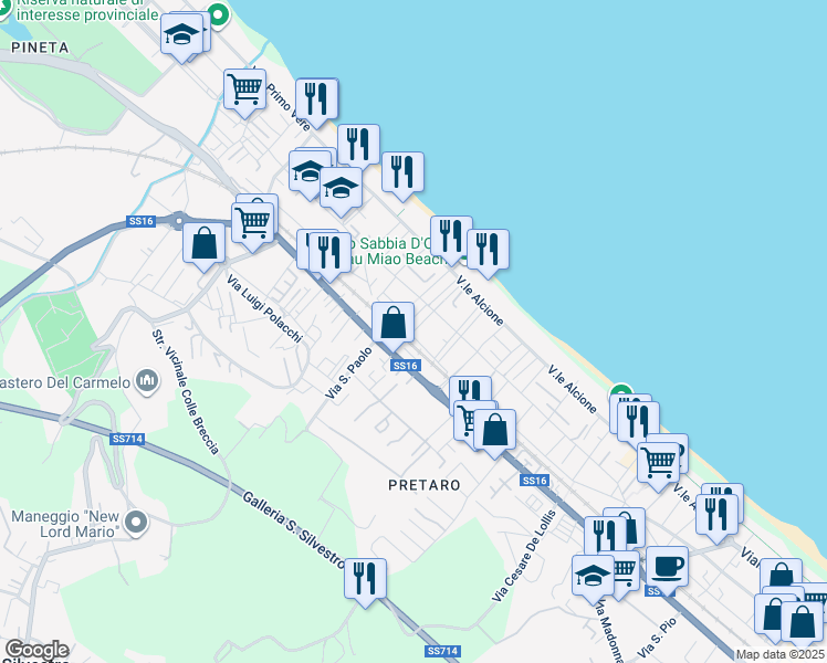 map of restaurants, bars, coffee shops, grocery stores, and more near 68 Contrada Pretaro in Francavilla Al Mare