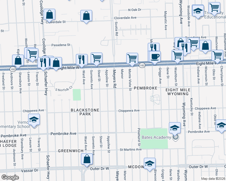 map of restaurants, bars, coffee shops, grocery stores, and more near 20226 Appoline Street in Detroit