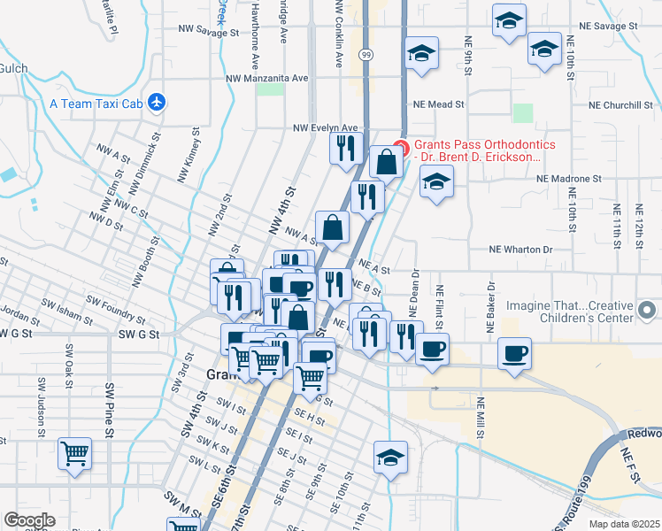 map of restaurants, bars, coffee shops, grocery stores, and more near 128 Northeast B Street in Grants Pass
