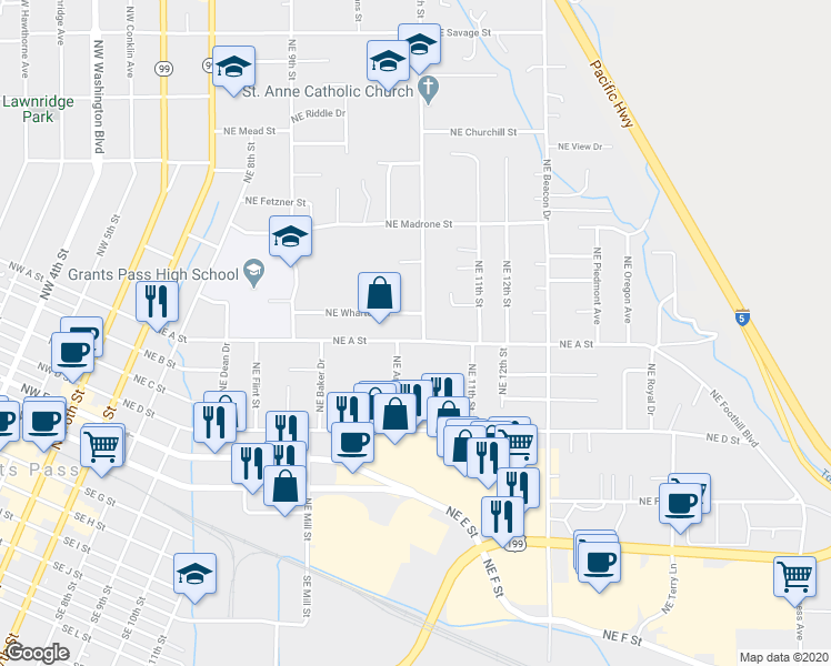 map of restaurants, bars, coffee shops, grocery stores, and more near in Grants Pass