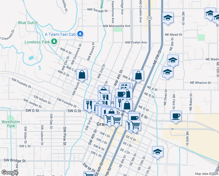 map of restaurants, bars, coffee shops, grocery stores, and more near 306 Northwest D Street in Grants Pass