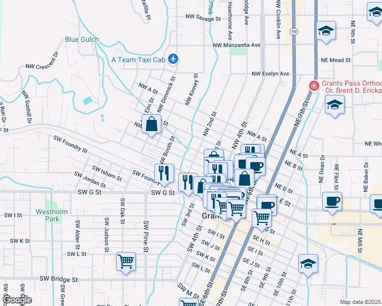 map of restaurants, bars, coffee shops, grocery stores, and more near 506 Northwest E Street in Grants Pass