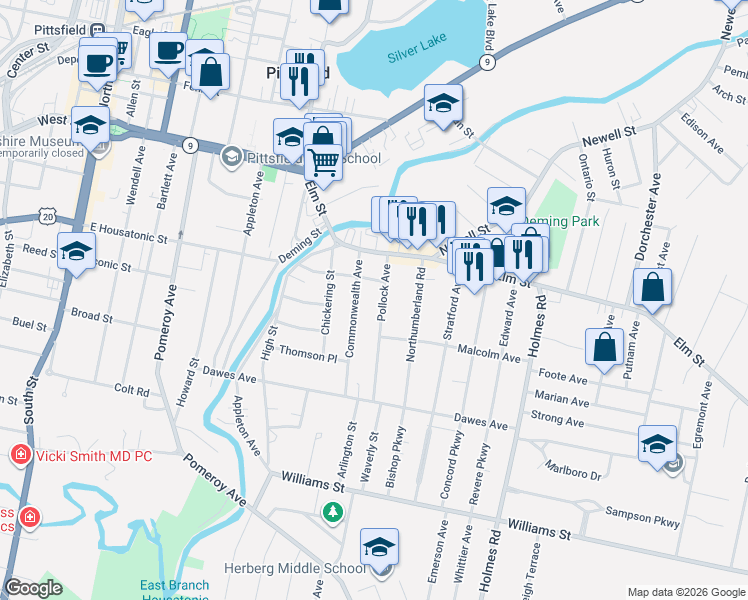 map of restaurants, bars, coffee shops, grocery stores, and more near 50 Pollock Ave in Pittsfield