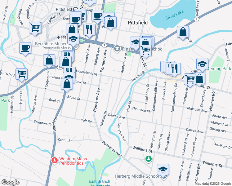 map of restaurants, bars, coffee shops, grocery stores, and more near 135 Appleton Avenue in Pittsfield