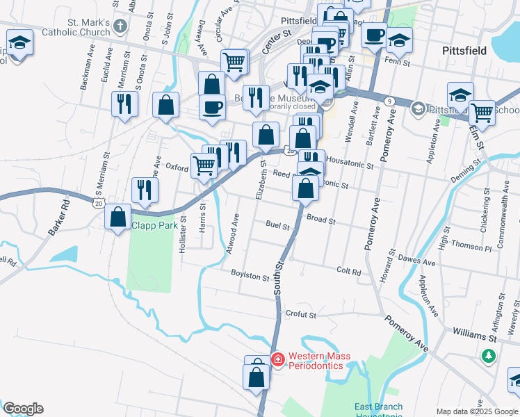 map of restaurants, bars, coffee shops, grocery stores, and more near 70-72 Elizabeth St in Pittsfield