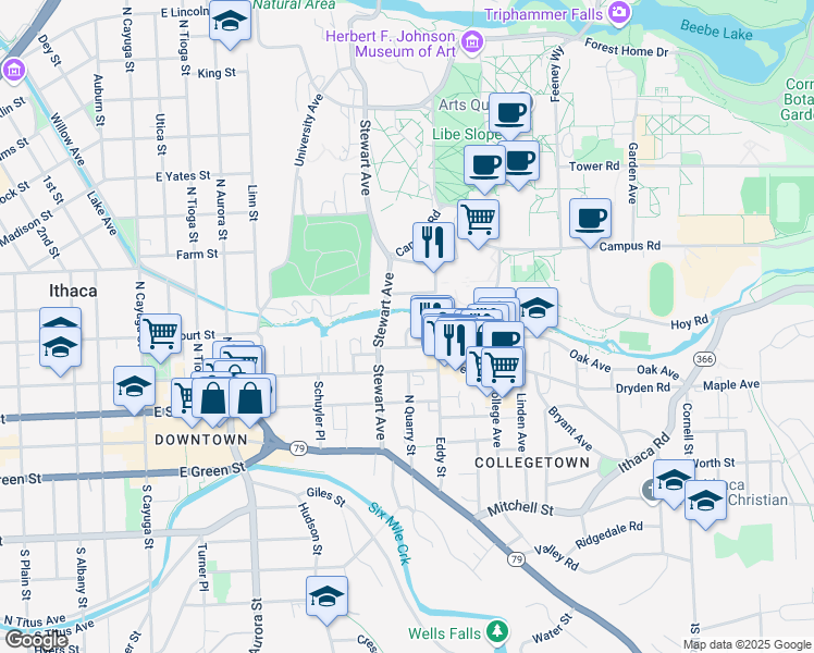 map of restaurants, bars, coffee shops, grocery stores, and more near 422 Eddy Street in Ithaca