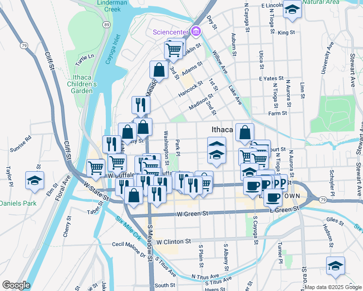 map of restaurants, bars, coffee shops, grocery stores, and more near 502 West Court Street in Ithaca