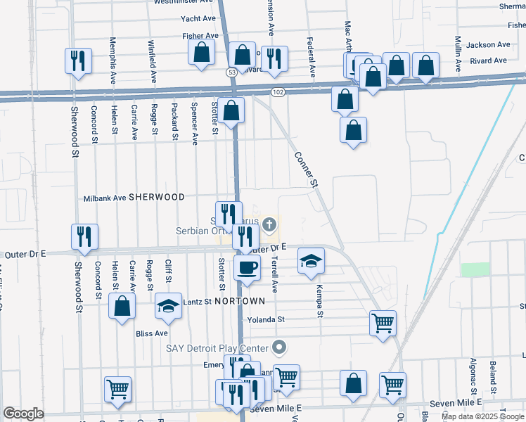 map of restaurants, bars, coffee shops, grocery stores, and more near 19940 Van Dyke Avenue in Detroit