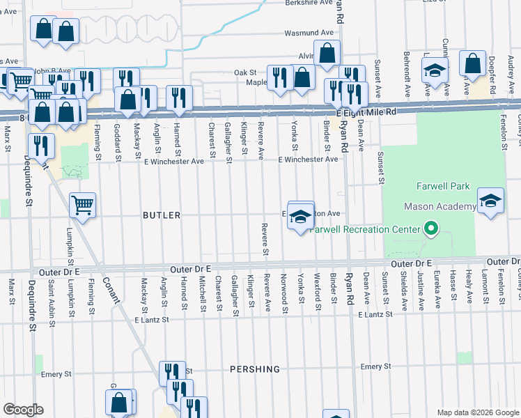 map of restaurants, bars, coffee shops, grocery stores, and more near 20046 Revere Street in Detroit