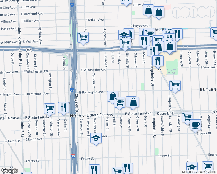 map of restaurants, bars, coffee shops, grocery stores, and more near 20100 Hanna Street in Highland Park