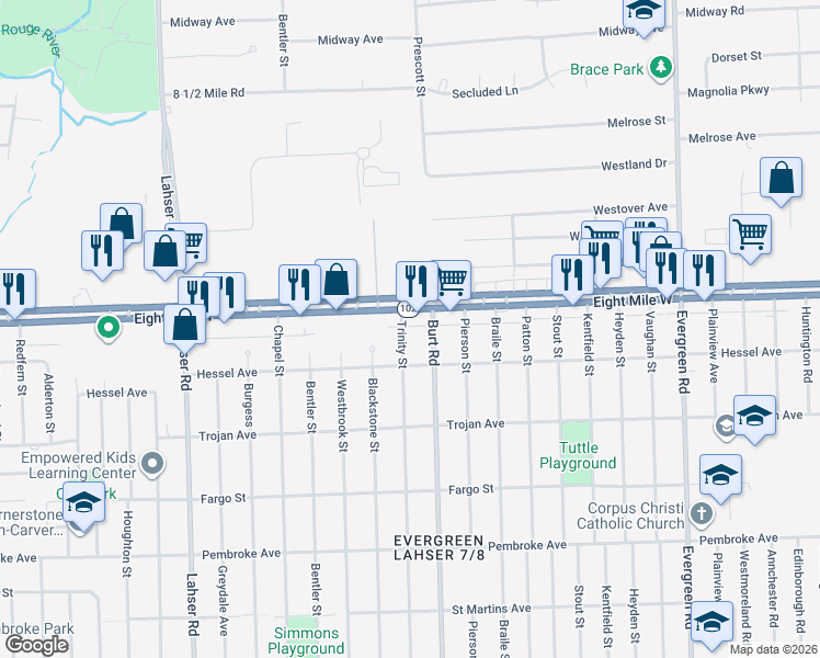 map of restaurants, bars, coffee shops, grocery stores, and more near 20540 Trinity Street in Detroit