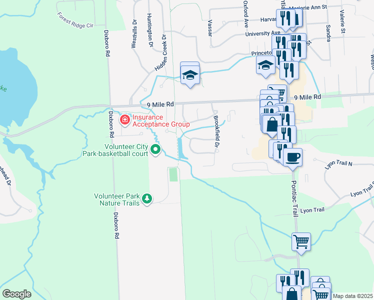 map of restaurants, bars, coffee shops, grocery stores, and more near 61433 Roaring Brook Drive in South Lyon