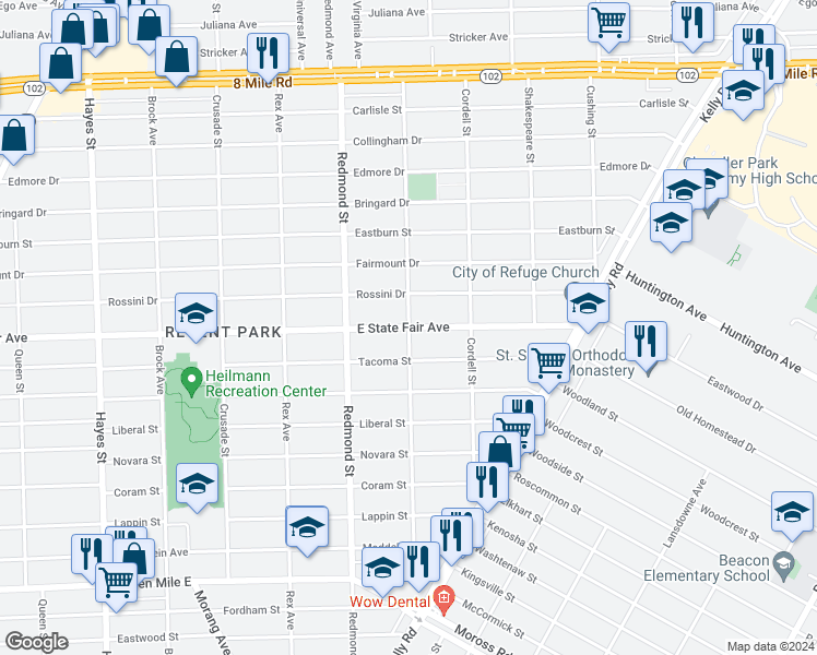 map of restaurants, bars, coffee shops, grocery stores, and more near E State Fair St & Boulder St in Detroit