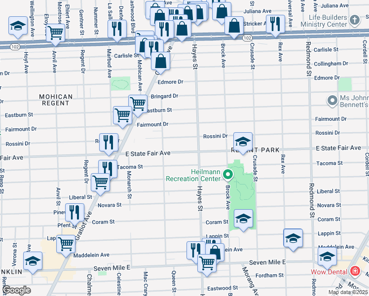 map of restaurants, bars, coffee shops, grocery stores, and more near 14989 East State Fair Street in Detroit