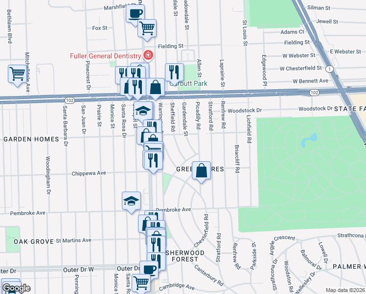 map of restaurants, bars, coffee shops, grocery stores, and more near 20128 Sheffield Road in Detroit