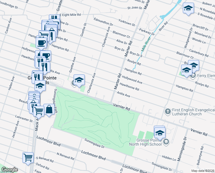 map of restaurants, bars, coffee shops, grocery stores, and more near 1367 Anita Avenue in Grosse Pointe Woods