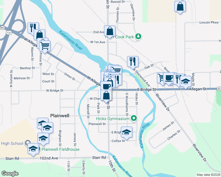 map of restaurants, bars, coffee shops, grocery stores, and more near 126 East Bridge Street in Plainwell