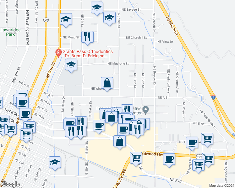 map of restaurants, bars, coffee shops, grocery stores, and more near 700 Northeast 10th Street in Grants Pass