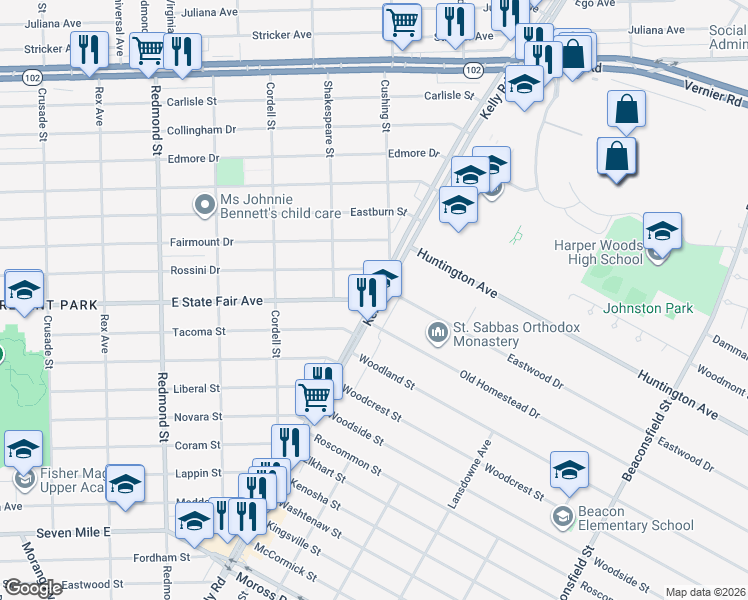 map of restaurants, bars, coffee shops, grocery stores, and more near Kelly Rd & E State Fair St in Harper Woods