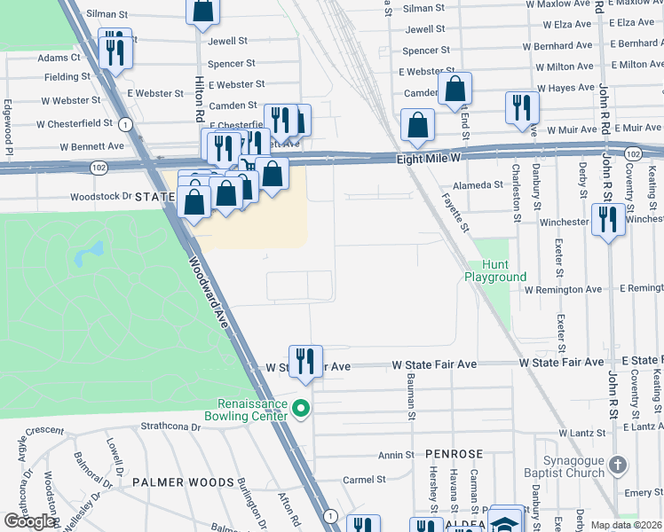 map of restaurants, bars, coffee shops, grocery stores, and more near 1120 West State Fair Avenue in Detroit