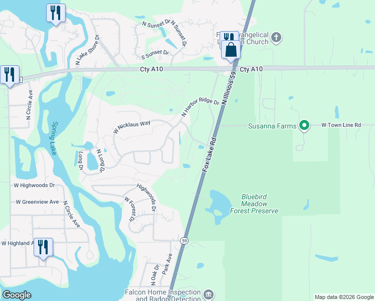 map of restaurants, bars, coffee shops, grocery stores, and more near 39881 North Golf Lane in Antioch