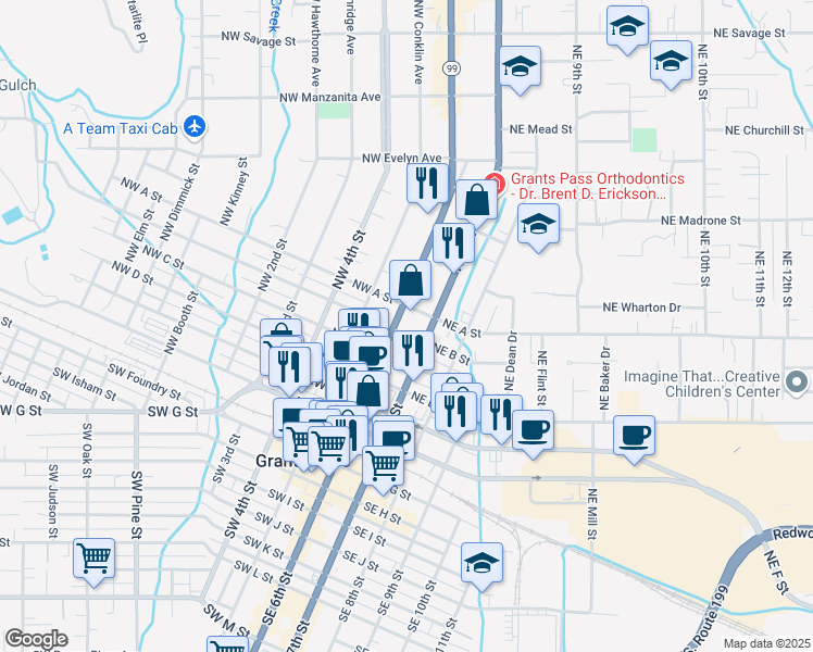 map of restaurants, bars, coffee shops, grocery stores, and more near 128 Northeast B Street in Grants Pass