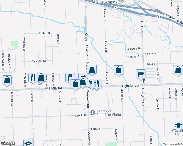 map of restaurants, bars, coffee shops, grocery stores, and more near 20792 Orchard Lake Road in Farmington Hills