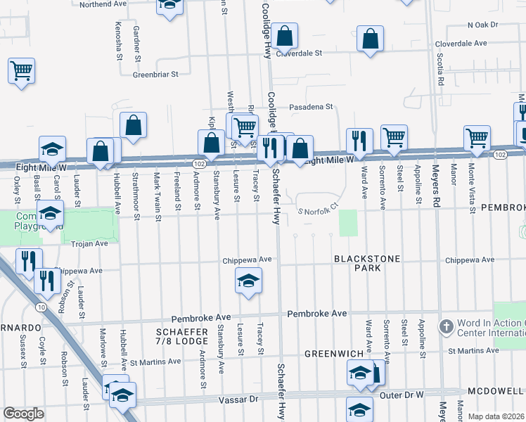 map of restaurants, bars, coffee shops, grocery stores, and more near 20219 Tracey Street in Detroit