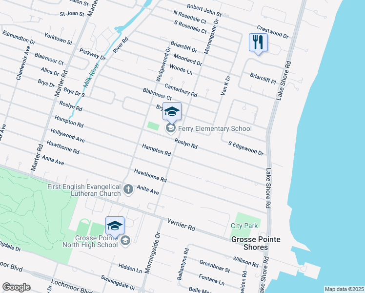 map of restaurants, bars, coffee shops, grocery stores, and more near 654 Hampton Road in Grosse Pointe Woods