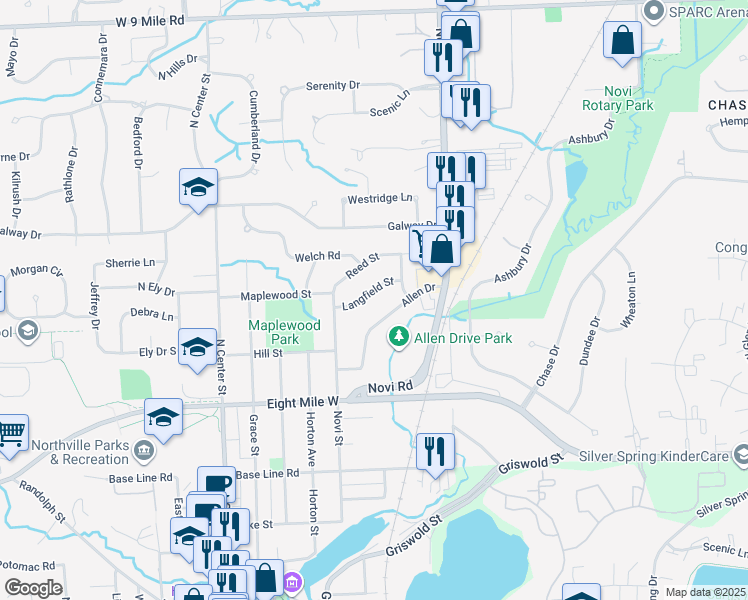 map of restaurants, bars, coffee shops, grocery stores, and more near 1027 Allen Drive in Northville