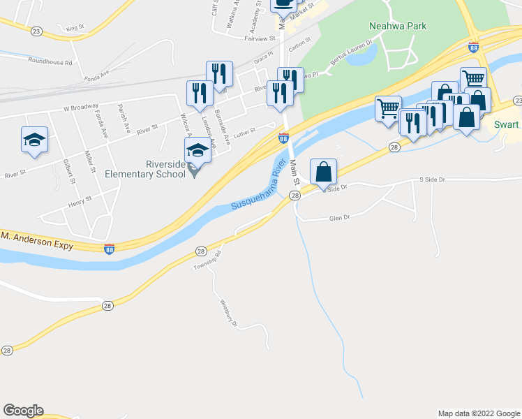 map of restaurants, bars, coffee shops, grocery stores, and more near 565-589 Highway 28 in Oneonta