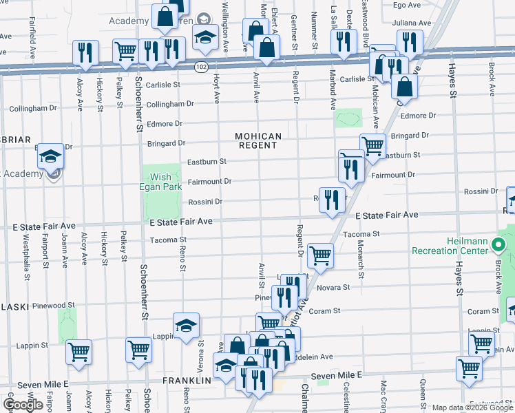 map of restaurants, bars, coffee shops, grocery stores, and more near 14063 East State Fair Avenue in Detroit