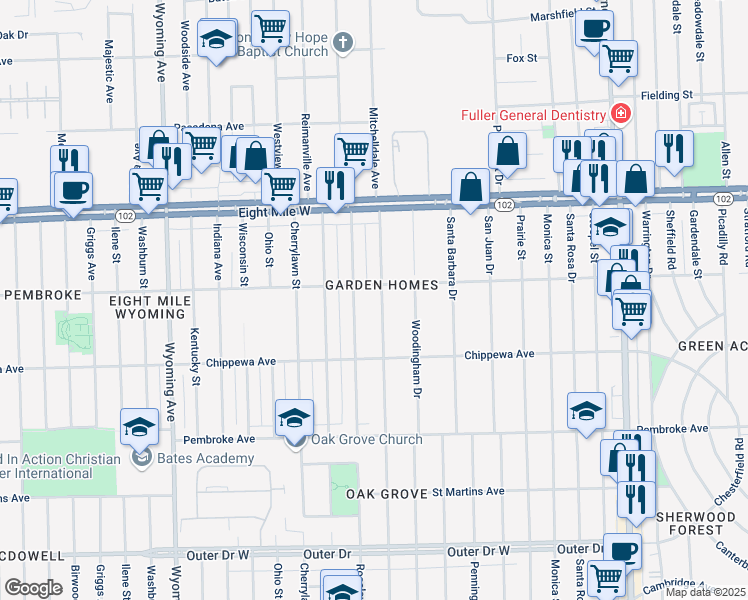 map of restaurants, bars, coffee shops, grocery stores, and more near 20191 Greenlawn Street in Detroit
