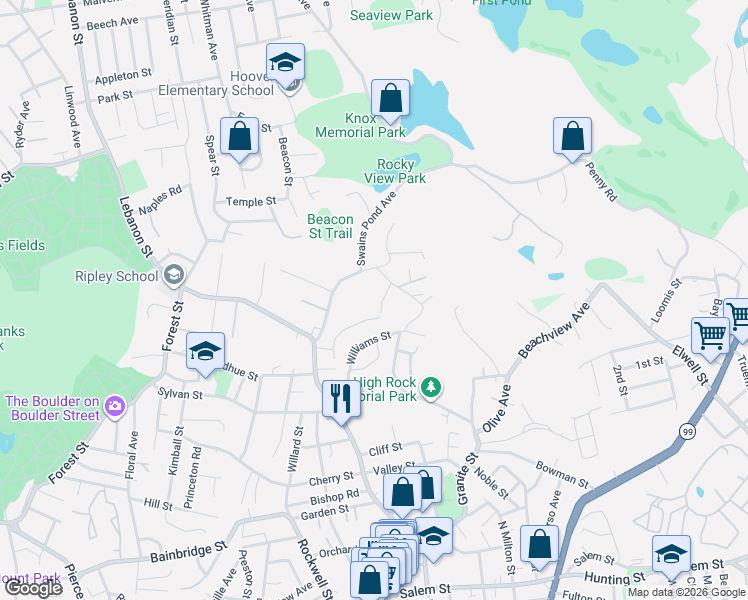 map of restaurants, bars, coffee shops, grocery stores, and more near 4 Hemenway Avenue in Malden