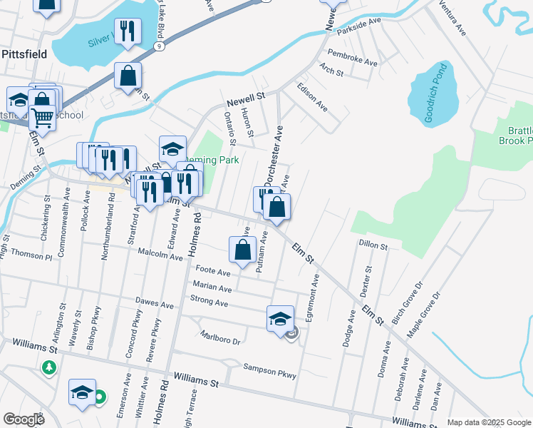 map of restaurants, bars, coffee shops, grocery stores, and more near 290 Elm Street in Pittsfield