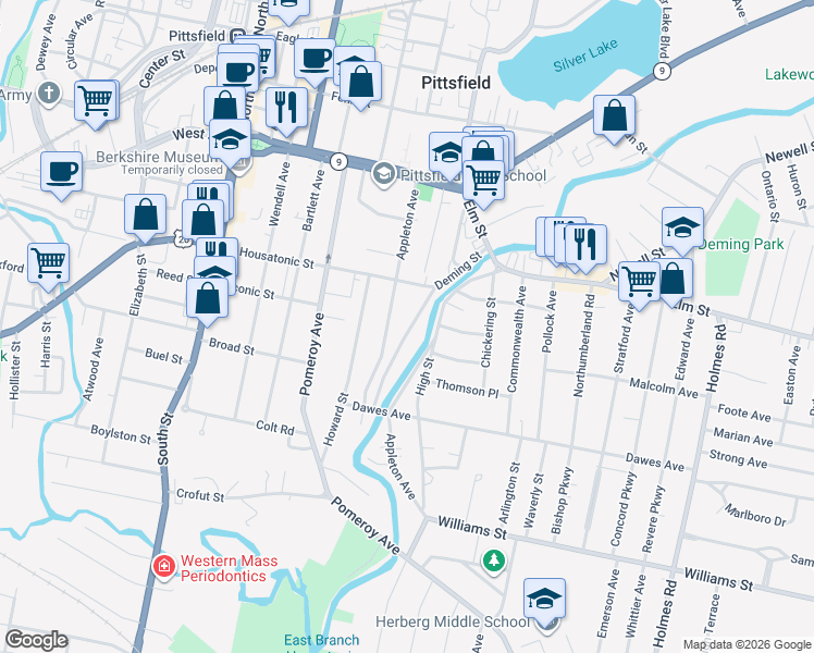 map of restaurants, bars, coffee shops, grocery stores, and more near 135 Appleton Avenue in Pittsfield