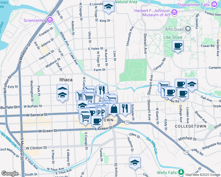 map of restaurants, bars, coffee shops, grocery stores, and more near 319 North Aurora Street in Ithaca