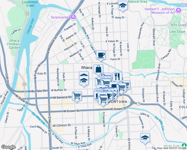 map of restaurants, bars, coffee shops, grocery stores, and more near 114 West Court Street in Ithaca