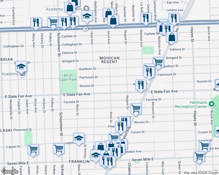 map of restaurants, bars, coffee shops, grocery stores, and more near 14063 East State Fair Avenue in Detroit