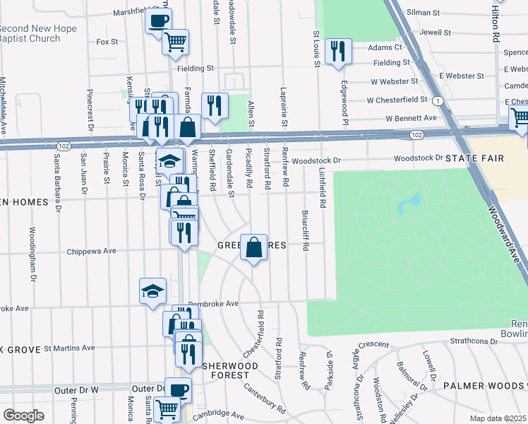 map of restaurants, bars, coffee shops, grocery stores, and more near 20160 Stratford Road in Detroit