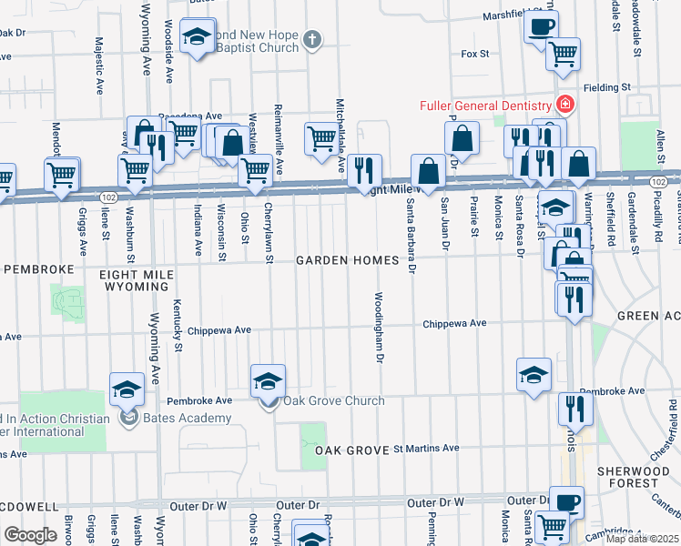 map of restaurants, bars, coffee shops, grocery stores, and more near 20191 Greenlawn Street in Detroit