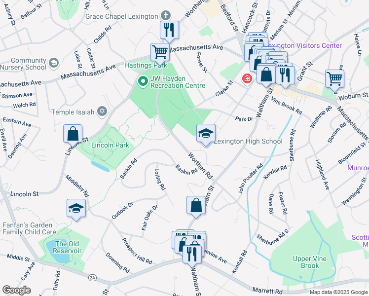 map of restaurants, bars, coffee shops, grocery stores, and more near Worthen Road in Lexington