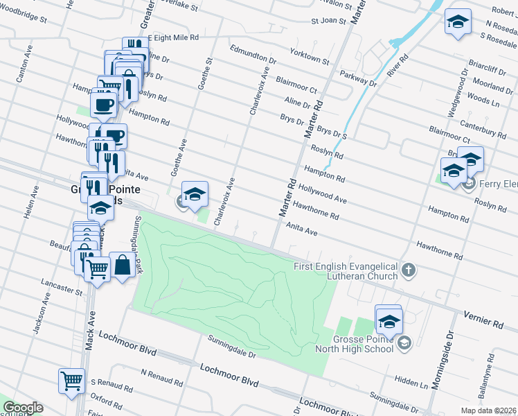 map of restaurants, bars, coffee shops, grocery stores, and more near 1367 Anita Avenue in Grosse Pointe Woods