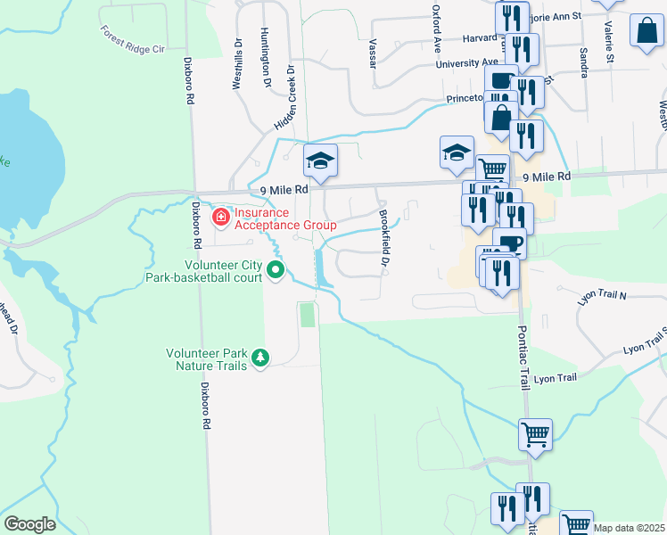 map of restaurants, bars, coffee shops, grocery stores, and more near 61433 Roaring Brook Drive in South Lyon