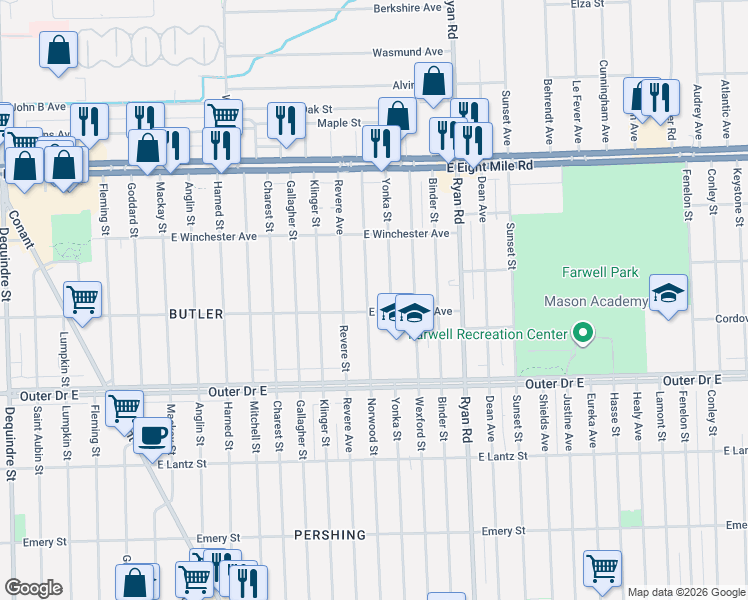 map of restaurants, bars, coffee shops, grocery stores, and more near 20044 Norwood Street in Detroit