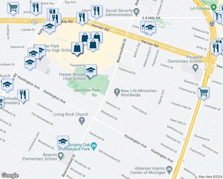 map of restaurants, bars, coffee shops, grocery stores, and more near 19621 Lochmoor Street in Harper Woods